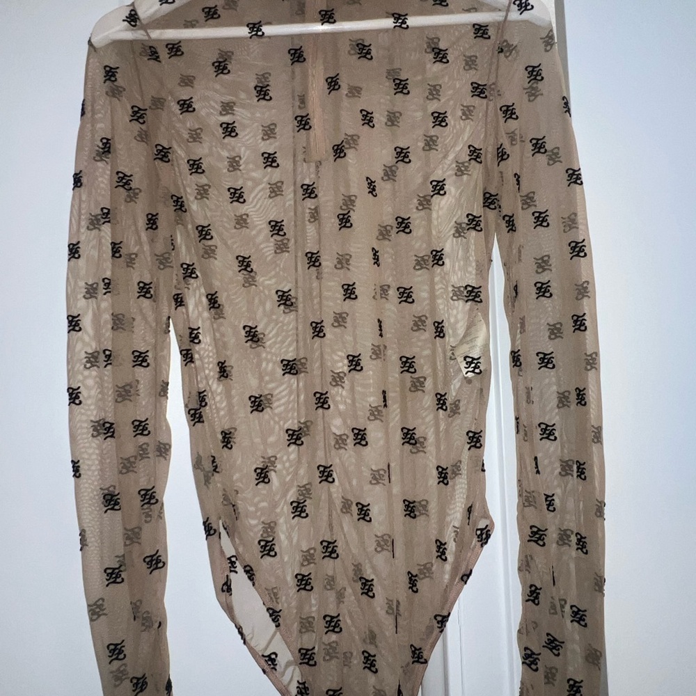 FENDI Beige Long Sleeve Bodysuit with Black Pattern